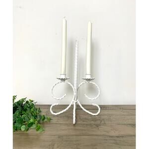 Vintage White Twisted Metal Double Candle Holder Cottagecore Shabby Candelabra